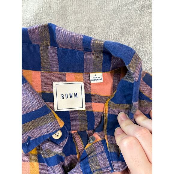 NWOT ROWM Size Large 100% Cotton Short Sleeve Plaid Shirt Peach Navy Blue Collar - Picture 3 of 8